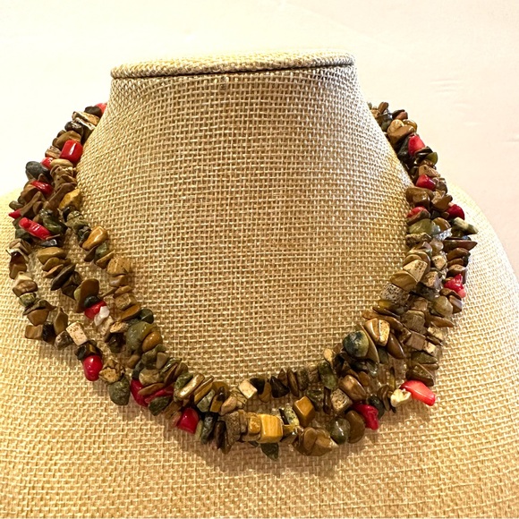 Multi-color Genuine Gemstone Necklace- multistrand chipped brown, green, red - Picture 3 of 8